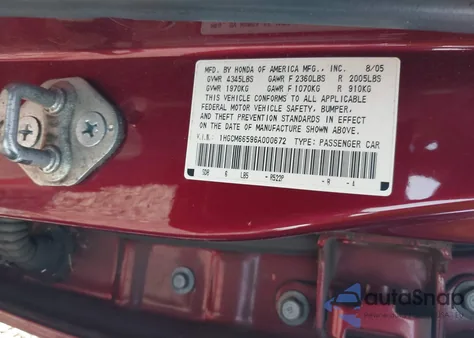 2006 Honda Accord 3.0 Ex from USA, damaged, VIN 1HGCM66596A000672